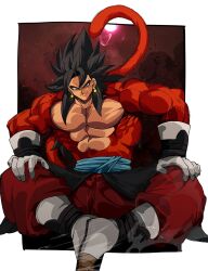 Rule 34 | 1boy, absurdres, biceps, black hair, blue sash, body fur, boots, dragon ball, dragon ball heroes, earrings, gigatan d, gloves, hands on own thighs, highres, jewelry, long hair, looking at viewer, male focus, monkey boy, monkey tail, muscular, muscular male, no nipples, pants, pectorals, potara earrings, red fur, saiyan, sash, sitting, smirk, solo, spiked hair, super saiyan, super saiyan 4, tail, time patrol (dragon ball), vegetto, vegetto (xeno)