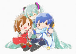 Rule 34 | 1girl, :3, aqua hair, aqua nails, aqua necktie, black thighhighs, blue footwear, blue hair, blue pants, blue scarf, blush stickers, boots, brown hair, brown thighhighs, character doll, chibi, coat, commentary, dated, full body, grey shirt, hair ornament, hatsune miku, headphones, heart, kaito (vocaloid), long hair, meiko (vocaloid), nail polish, necktie, open mouth, pants, red shirt, red skirt, sanpati, scarf, seiza, shirt, sitting, skirt, smile, solid oval eyes, thighhighs, twintails, twitter username, very long hair, vocaloid, wavy mouth, white background, white coat, wristband, zipper pull tab