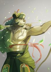 Rule 34 | 1boy, abs, absurdres, animal ears, bara, bare pectorals, beige fur, bow (weapon), brown hair, commentary request, drawing bow, facial hair, fang, feet out of frame, furry, furry male, goatee, green kimono, hadanugi dousa, hair between eyes, hakama, hakama pants, highres, holding, holding bow (weapon), holding weapon, japanese clothes, kimono, large pectorals, looking to the side, male focus, mature male, muscular, muscular male, no nipples, open clothes, open kimono, pants, pectorals, short hair, solo, stomach, temujin (housamo), tokyo houkago summoners, torakku (toratruck9), weapon, wolf boy, wolf ears