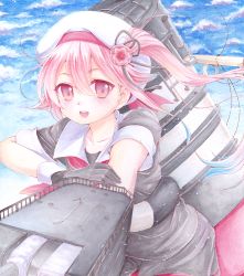 Rule 34 | 10s, 1girl, bad id, bad pixiv id, beret, blue hair, blue sky, cannon, cloud, gloves, gradient hair, hair ornament, hair ribbon, harusame (kancolle), hat, ho-cki, kantai collection, long hair, machinery, multicolored hair, open mouth, pink eyes, pink hair, pleated skirt, red eyes, ribbon, school uniform, serafuku, side ponytail, skirt, sky, smile, smokestack, solo, turret