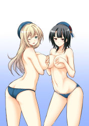 Rule 34 | 10s, 2girls, ass, atago (kancolle), black hair, blonde hair, blue hat, blush, breasts, butt crack, covering breasts, covering privates, green eyes, hat, kairichan, kantai collection, large breasts, long hair, looking at viewer, looking back, multiple girls, navel, one eye closed, osafune kairi, panties, personification, red eyes, takao (kancolle), topless, underwear, wink