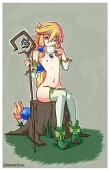 Rule 34 | 1girl, amulet, arm warmers, artist name, blonde hair, boots, cup, elf, flat chest, foolintisimo, grass, green eyes, green footwear, hair ornament, highres, holding, holding cup, holding staff, jewelry, long hair, luna (foolintisimo), navel, necklace, nipples, original, outdoors, pointy ears, sidelocks, sitting, sitting on tree stump, solo, staff, thighhighs, tree stump, very long hair, white thighhighs