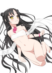 Rule 34 | 1girl, absurdres, baicha, barefoot, black hair, blush, bottomless, breasts, chest tattoo, covered erect nipples, double bun, facial mark, fate/grand order, fate (series), forehead mark, full body, hair bun, highres, long hair, looking at viewer, navel, parted bangs, sash, sessyoin kiara, sessyoin kiara (lily), simple background, small breasts, smile, solo, tattoo, very long hair, wavy hair, white background, yellow eyes