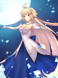 Rule 34 | 1girl, antenna hair, aoten (aoiroarekore), arcueid brunestud, bare shoulders, blonde hair, blue skirt, breasts, cleavage, closed mouth, detached sleeves, dress, elbow gloves, flower, full moon, gloves, highres, long hair, looking at viewer, medium breasts, moon, red eyes, serious, skirt, solo, tsukihime, tsukihime (remake), white dress, white gloves