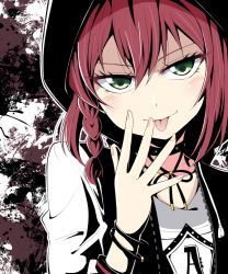 Rule 34 | 1girl, :p, alternate hairstyle, black choker, blush, bracelet, braid, chiro (bocchiropafe), choker, commentary request, green eyes, hair between eyes, hair tie, hand to own mouth, highres, hood, hood up, jacket, jewelry, kurosawa ruby, long sleeves, looking at viewer, love live!, love live! school idol festival, love live! sunshine!!, paint splatter, print shirt, raglan sleeves, red hair, shirt, short hair, side braid, solo, studded choker, tongue, tongue out, upper body, v-shaped eyebrows