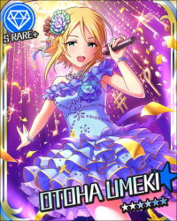 Rule 34 | 10s, 1girl, artist request, bare shoulders, blonde hair, blue dress, bracelet, card (medium), character name, confetti, dress, gem (symbol), green eyes, hair ornament, holding, idolmaster, idolmaster cinderella girls, jewelry, looking at viewer, microphone, music, musical note, necklace, off shoulder, official art, open mouth, pearl necklace, sharp sign, short hair, singing, solo, treble clef, umeki otoha
