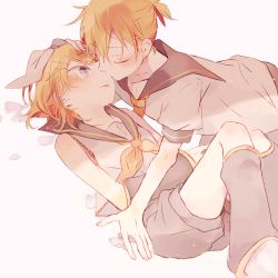 Rule 34 | 1boy, 1girl, ascot, blonde hair, blush, brother and sister, detached sleeves, closed eyes, flower, hair ornament, hair ribbon, hairpin, hand on another&#039;s head, hetero, incest, kagamine len, kagamine rin, kiss, looking at another, lying, makoji (yomogi), musical note, necktie, on back, ponytail, ribbon, sailor collar, short hair, siblings, treble clef, twincest, twins, vocaloid