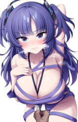 Rule 34 | 1girl, 1other, absurdres, arm behind head, arm up, armpits, between breasts, blue archive, blunt bangs, blush, breast suppress, breasts, breath, cleavage, clenched teeth, collarbone, commentary, cowboy shot, frown, halo, highres, id card, lanyard, large breasts, leaning forward, long hair, looking at viewer, mechanical halo, metaljelly, naked ribbon, parted lips, pov, pov hands, purple eyes, purple hair, purple ribbon, ribbon, sidelocks, simple background, solo focus, symbol-only commentary, teeth, two side up, v-shaped eyebrows, white background, yuuka (blue archive)