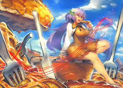 Rule 34 | 1girl, bare legs, barefoot, blue sky, breasts, brown dress, cloud, day, dress, eating, flower, food, fork, hair flower, hair ornament, highres, knife, large breasts, long hair, long sleeves, low twintails, melon22, mini person, minigirl, open mouth, pie, purple eyes, purple hair, shirt, short dress, sitting, sky, touhou, tsukumo benben, twintails, very long hair
