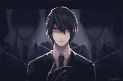 Rule 34 | 1boy, alex x ff7, black hair, commentary, final fantasy, final fantasy vii, formal, frown, gloves, looking at viewer, necktie, pale skin, red eyes, short hair, spotlight, square enix, suit, surrounded, turks (ff7), vincent valentine