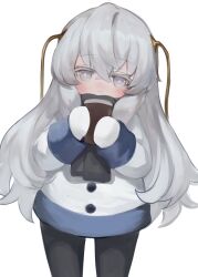 Rule 34 | 1girl, black pantyhose, blush, closed mouth, colored eyelashes, commentary request, cup, disposable cup, dokomon, dress, girls&#039; frontline, grey eyes, grey hair, hair between eyes, highres, holding, holding cup, korean commentary, long hair, long sleeves, looking at viewer, mittens, pantyhose, ribeyrolles (girls&#039; frontline), simple background, solo, very long hair, white background, white dress, white mittens