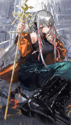 1girl antenna_hair armpit_crease bare_shoulders belt black_boots black_tank_top blush boots breasts chest_belt clothes_pull commentary_request cross full_body green_pants grey_hair hair_between_eyes headphones holding holding_cross holding_staff jacket jacket_pull knife large_breasts long_hair looking_at_viewer multiple_belts nana_tetra open_mouth orange_jacket original pants red_eyes sidelocks sitting solo staff tank_top wide_sleeves yokozuwari