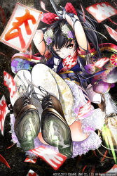Rule 34 | 1girl, arms up, black hair, boots, bow, character request, company name, cross-laced footwear, elbow gloves, fed (giba), fingerless gloves, fireworks, flower, gloves, hair bow, hair flower, hair ornament, highres, japanese clothes, kimono, long hair, looking at viewer, mouth hold, official art, one eye closed, orange eyes, ponytail, rocket boots, science fiction, sky, square enix, star (sky), star galaxy, starry sky, thighhighs