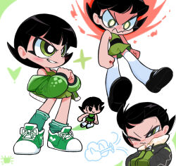 Rule 34 | 1girl, angry, black footwear, black hair, blush, bright pupils, buttercup (ppg), chibi, cracking knuckles, dress, green dress, green eyes, green footwear, green jacket, green socks, grin, heart, highres, jacket, kim crab, loose socks, mary janes, nose blush, one eye closed, powerpuff girls, shoes, short dress, sleeveless, sleeveless dress, smile, socks, solo, standing, thighhighs, white background, white pupils, white thighhighs, wind