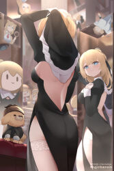 Rule 34 | 1girl, alternate costume, animal, animal ears, artist name, ass, bare back, black dress, blonde hair, blue eyes, blurry, blurry background, breasts, bubba (watson amelia), closed mouth, detective, dog, dress, from behind, grey thighhighs, habit, hand up, holding, hololive, hololive english, juliet sleeves, large breasts, long hair, long sleeves, looking at mirror, mirror, mujinbensin, multiple persona, multiple views, necktie, nun, puffy sleeves, shirt, smile, smol ame, thighhighs, virtual youtuber, watson amelia, white shirt
