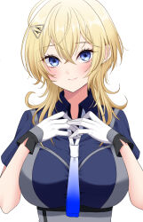 Rule 34 | 1girl, blonde hair, blue eyes, blue neckerchief, breasts, collared shirt, gradient neckerchief, gradient necktie, grey necktie, hair between eyes, hair ornament, hairclip, hands on own chest, highres, kantai collection, large breasts, looking at viewer, medium hair, neckerchief, necktie, shirt, simple background, solo, tuscaloosa (kancolle), two-tone gloves, upper body, white background, yomogi dango