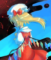Rule 34 | 1girl, blonde hair, blouse, blue background, female focus, flandre scarlet, hat, mob cap, onimaru gonpei, ribbon, shirt, solo, standing, touhou, white hat, white shirt, wings