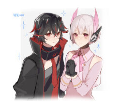 Rule 34 | 2girls, alternate hairstyle, black coat, black gloves, black hair, blush, clothing cutout, coat, colored tips, commentary, crossed bangs, earpiece, earrings, fake horns, gloves, grey background, hair between eyes, headgear, horns, jewelry, kanane li, liv: lux (punishing: gray raven), liv (punishing: gray raven), looking at viewer, lucia: plume (punishing: gray raven), lucia (punishing: gray raven), mechanical horns, multicolored hair, multiple girls, neck ribbon, necktie, open clothes, open coat, own hands clasped, own hands together, pink eyes, pink ribbon, pink shirt, punishing: gray raven, red eyes, red necktie, ribbon, shirt, short hair, shoulder cutout, small horns, smile, two-sided coat, two-sided fabric, upper body, variant set, white eyes