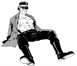 Rule 34 | 1boy, abs, aoi (husiginokuninoa), bara, bare pectorals, boots, expressionless, full body, golden kamuy, hat, hat over one eye, invisible chair, jacket, jacket on shoulders, kepi, large pectorals, male focus, military hat, muscular, muscular male, navel, pants, pectorals, scar, scar on chest, scar on face, scar on mouth, scar on nose, short hair, sitting, solo, spread legs, sugimoto saichi