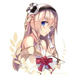 Rule 34 | 10s, 1girl, bare shoulders, bishop (chess), blonde hair, blue eyes, blush, braid, breasts, chess piece, collar, crown, dress, flower, french braid, hairband, jewelry, kantai collection, large breasts, long hair, long sleeves, mini crown, queen (chess), red flower, red ribbon, red rose, ribbon, rose, shirokitsune, smile, solo, twitter username, warspite (kancolle)