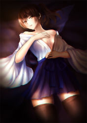 Rule 34 | 10s, 1girl, bad id, bad pixiv id, black thighhighs, breasts, brown eyes, brown hair, chromatic aberration, collarbone, cowboy shot, female focus, gradient background, hakama, hakama short skirt, hakama skirt, hand on own chest, hand on own stomach, highres, japanese clothes, kaga (kancolle), kantai collection, large breasts, looking at viewer, lying, meaomao, off shoulder, on back, side ponytail, skirt, solo, thighhighs, zettai ryouiki