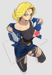 Rule 34 | 1girl, aeyga, android 18, angry, black shirt, blonde hair, blue eyes, breasts, censored, cleavage, covered erect nipples, cropped legs, denim, denim skirt, denim vest, dragon ball, dragonball z, emoji, emoji censor, highres, large breasts, looking at viewer, medium hair, pantyhose, shirt, sketch, skindentation, skirt, solo, torn clothes, torn pantyhose, white background