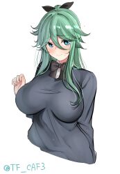 Rule 34 | 1girl, alternate costume, black bow, black bowtie, black ribbon, bow, bowtie, breasts, green eyes, green hair, grey shirt, hair between eyes, hair flaps, hair ornament, hair ribbon, hairclip, highres, kantai collection, large breasts, long hair, looking at viewer, one-hour drawing challenge, parted bangs, ponytail, ribbon, shirt, sidelocks, simple background, solo, tf cafe, twitter username, upper body, white background, yamakaze (kancolle)