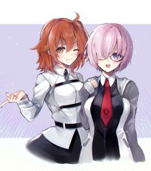 Rule 34 | 2girls, absurdres, ahoge, blush, breasts, chaldea uniform, commentary request, fate/grand order, fate (series), fujimaru ritsuka (female), glasses, grey jacket, grin, hair between eyes, hair over one eye, hand up, hane yuki, highres, jacket, large breasts, long sleeves, mash kyrielight, medium breasts, multiple girls, necktie, one eye closed, open clothes, open jacket, open mouth, orange eyes, orange hair, pantyhose, purple eyes, red neckwear, short hair, side ponytail, smile, teeth, two-tone background, upper teeth only, white jacket