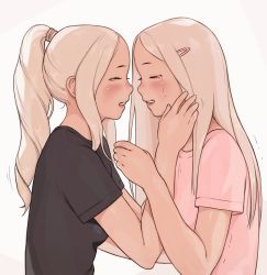 Rule 34 | 2girls, black shirt, blonde hair, breasts, commentary, commission, english commentary, from side, hair ornament, hairclip, highres, i0525, long hair, medium breasts, multiple girls, original, pink shirt, ponytail, shirt, tears, two-tone background, upper body, yuri