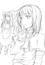 Rule 34 | 1girl, alice margatroid, bow, capelet, doll, dress, female focus, finger to mouth, greyscale, hair bow, hairband, highres, long hair, looking at viewer, monochrome, niwatazumi, ribbon, shanghai doll, smile, solo, touhou, upper body, white background