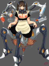 Rule 34 | 1girl, absurdres, android, apron, blue eyes, breasts, breasts out, brown hair, cyborg, dildo, doll joints, dress, grey background, highres, arthropod girl, joints, maid, maid apron, maid headdress, single mechanical arm, mechanical legs, monster girl, nipples, pussy, robot, sex machine, sex toy, simple background, skirt hold, slime, solo, spider girl, twintails