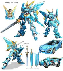 Rule 34 | car, character sheet, chousoku henkei gyrozetter, highres, hirata ryou, holding, holding shield, holding sword, holding weapon, mecha, mecha request, motor vehicle, multiple views, no humans, official art, open hand, robot, science fiction, sheath, shield, spoiler (automobile), sword, weapon