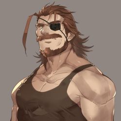 Rule 34 | 1boy, bara, beard, brown eyes, brown hair, eugen (granblue fantasy), eyepatch, facial hair, granblue fantasy, granblue fantasy (style), large pectorals, looking at viewer, male focus, manly, muscular, mustache, old, old man, pectorals, rybiok, solo, upper body