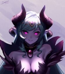 Rule 34 | 1girl, bare shoulders, breasts, circlet, cleavage, colored skin, decanee, demon girl, demon horns, drill hair, gem, glint, grand chase, hair ornament, hatsusen, highres, horns, large breasts, long hair, long pointy ears, pointy ears, purple eyes, purple gemstone, purple skin, revealing clothes, sidelocks, smile, solo, very long hair