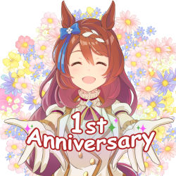 Rule 34 | 1girl, :d, animal ears, anniversary, blue eyes, blue flower, bow, brown hair, closed eyes, dress, floral background, flower, gloves, hair bow, hair ornament, highres, horse ears, horse girl, long hair, looking at viewer, open mouth, outstretched arms, pink flower, shiromaru illust, short sleeves, smile, solo, super creek (umamusume), umamusume, white background, white dress, white gloves, yellow flower