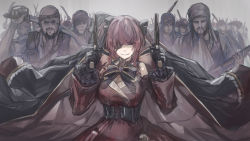 Rule 34 | 1girl, 6+boys, absurdres, bandages, bandana, black coat, black gloves, breasts, cleavage, coat, commentary, corset, cowboy shot, dress, dual wielding, eyepatch, gloves, grey background, grin, gun, hair ribbon, handgun, highres, holding, holding gun, holding sword, holding weapon, hololive, houshou marine, huge filesize, jacket, jacket on shoulders, large breasts, long hair, looking at viewer, multiple boys, open clothes, open coat, out of character, pirate, pistol, red dress, red eyes, red hair, ribbon, saber (weapon), see-through, see-through cleavage, simple background, smile, solo focus, sword, tsumeki, twintails, virtual youtuber, weapon