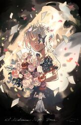 Rule 34 | 1boy, 1girl, :d, a midsummer night&#039;s dream, bouquet, bug, butterfly, butterfly over eye, butterfly wings, clenched hand, confetti, covered eyes, crescent, crescent earrings, crown, diamond hairband, dress, earrings, faceless, faceless female, facing away, fate/grand order, fate (series), flower, flying paper, full body, hair bun, highres, holding, holding bouquet, insect, insect wings, jewelry, juliet sleeves, kneeling, long sleeves, medium hair, no eyes, oberon (fate), open mouth, paper, pointy ears, puffy short sleeves, puffy sleeves, robe, sad, scene reference, short sleeves, smile, tetsujima, titania (a midsummer night&#039;s dream), white robe, wings