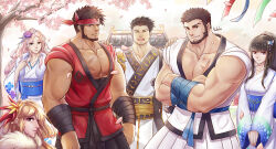 Rule 34 | 3boys, 3girls, alternate costume, bandaged arm, bandages, bara, beard, brown hair, character request, check character, cherry blossoms, cross scar, crossed arms, dark-skinned male, dark skin, dougi, dungeon and fighter, facial hair, falling petals, feet out of frame, hanami, hand on another&#039;s shoulder, headband, highres, japanese clothes, kimono, kulolin, large pectorals, long hair, looking at viewer, male priest (dungeon and fighter), male priest (kulolin), mature male, midriff sarashi, multiple boys, multiple girls, muscular, muscular male, own hands together, pectoral cleavage, pectorals, petals, red eyes, red headband, sarashi, scar, scar on chest, short hair, sideburns, smile, tied sleeves, white kimono