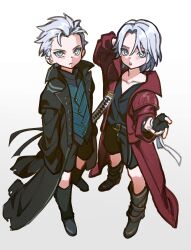 Rule 34 | 2boys, aged down, black gloves, blue coat, blue eyes, brothers, child, coat, dante (devil may cry), devil may cry (series), devil may cry 5, fingerless gloves, full body, gloves, hair slicked back, highres, holding, looking at viewer, male focus, multiple boys, oversized clothes, red coat, siblings, sword, twins, vergil (devil may cry), weapon, white hair, wuliu heihuo, yamato (sword)