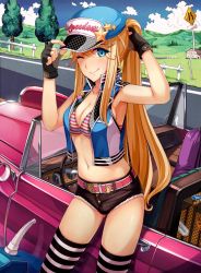 Rule 34 | 1girl, ;), adjusting clothes, adjusting headwear, armpits, badge, belt, bikini, bikini top only, black gloves, black shorts, blonde hair, blue eyes, breasts, buckle, button badge, car, cleavage, cloud, cropped vest, cutoffs, day, english text, eyes visible through hair, fence, fingerless gloves, gas can, gloves, hair between eyes, hair ornament, hairclip, hand on headwear, hat, hat ornament, high collar, long hair, looking at viewer, luggage, makeup, mascara, md5 mismatch, medium breasts, midriff, motor vehicle, multicolored stripes, navel, one eye closed, original, outdoors, ponytail, resolution mismatch, road, road sign, short shorts, shorts, sidelocks, sign, sky, smile, solo, source smaller, standing, star (symbol), steering wheel, sticker, striped bikini, striped bikini top, striped clothes, striped thighhighs, suitcase, swimsuit, swiss flag, thighhighs, tree, union jack, vehicle, very long hair, vest, wooden fence, yokaze japan