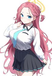 Rule 34 | 1girl, alternate breast size, aqua necktie, black skirt, blue archive, blue eyes, blush, braid, breasts, closed mouth, collared shirt, halo, highres, large breasts, long hair, long sleeves, looking at viewer, necktie, pleated skirt, red hair, sashu (thershr6s), shirt, side braid, simple background, skirt, solo, sweatdrop, very long hair, white background, white shirt, yuzu (blue archive)