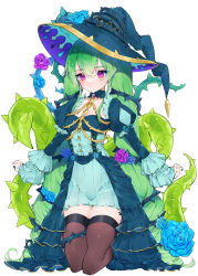 Rule 34 | absurdres, breasts, brown socks, dress, flower, frilled dress, frills, green dress, green hair, green nails, hat, highres, ira n, kneehighs, medium breasts, monster strike, nail polish, nemu (monster strike), pink eyes, purple eyes, rose, smile, socks, stomach, thick thighs, thighs, white background, witch hat