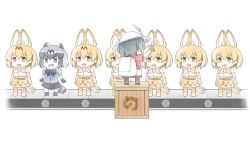 Rule 34 | 10s, 6+girls, :d, animal ears, backpack, bad id, bad twitter id, bag, black hair, blonde hair, box, brown eyes, chibi, commentary, common raccoon (kemono friends), extra ears, gensuke (ryun), grey hair, hat, hat feather, highres, japari symbol, kaban (kemono friends), kemono friends, marker, multicolored hair, multiple girls, multiple persona, odd one out, on box, open mouth, raccoon ears, raccoon tail, serval (kemono friends), serval print, serval tail, short hair, simple background, smile, standing on box, tail, white background, yellow eyes