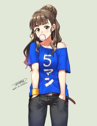 Rule 34 | 1girl, artist name, belt, blue shirt, blush, braid, brown hair, blowing bubbles, chewing gum, clothes writing, commentary request, dated, denim, hair bun, hands in pockets, highres, idolmaster, idolmaster cinderella girls, jeans, kamiya nao, light blush, long hair, milestone celebration, off shoulder, pants, red eyes, shirt, signature, simple background, single bare shoulder, single hair bun, solo, sweatband, tachibana roku, tan background, thick eyebrows, wavy hair