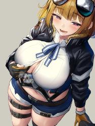 Rule 34 | 1girl, aviator sunglasses, belt, black gloves, black jacket, blue shorts, blush, breasts, brown hair, buckle, bulge, cleavage, curvy, denim, denim shorts, erection, erection under clothes, eyewear on head, girls&#039; frontline, gloves, grizzly mkv (girls&#039; frontline), highres, jacket, large breasts, long sleeves, looking at viewer, navel, oekakizuki, open clothes, open jacket, open mouth, paizuri invitation, purple eyes, shirt, short hair, short shorts, shorts, smile, snap-fit buckle, solo, standing, sunglasses, sunglasses on head, thigh strap, thighs, white shirt, wide hips