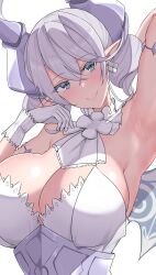 Rule 34 | 1girl, absurdres, armpit focus, armpits, blush, breasts, demon girl, demon horns, duel monster, gloves, grey eyes, grey hair, highres, horns, kirikan (cokekiri), large breasts, looking at viewer, lovely labrynth of the silver castle, pointy ears, simple background, smile, solo, upper body, white background, yu-gi-oh!