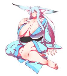 Rule 34 | 1girl, animal ears, areola slip, bad anatomy, barefoot, blue hair, blush, borrowed character, breasts, covered erect nipples, fat, female focus, highres, huge breasts, japanese clothes, kaminari, kimono, long hair, long skirt, looking at viewer, mature female, no bra, open clothes, red eyes, sagging breasts, simple background, sitting, skirt, smile, solo, toes, white background