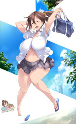 Rule 34 | 1boy, 2girls, absurdres, background characters, bag, barefoot, breasts, brown hair, closed eyes, cloud, day, female focus, flip-flops, full body, hand fan, happy, highres, holding, holding bag, holding fan, jumping, large breasts, legs, long hair, multiple girls, navel, no bra, open mouth, original, outdoors, plump, ponytail, sandals, sky, teeth, thick thighs, thighs, tree, tsukasawa takamatsu, upper teeth only, wide hips