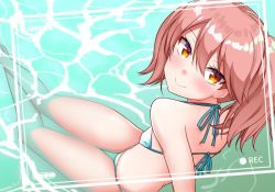 Rule 34 | 1girl, brown eyes, brown hair, commentary request, feet out of frame, flat chest, kantai collection, kirigakure (kirigakure tantei jimusho), long hair, looking at viewer, partially submerged, recording, ryuujou (kancolle), sitting, solo, twintails, viewfinder, water