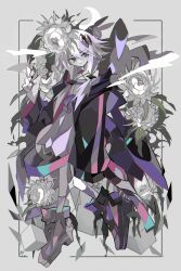 Rule 34 | 1girl, absurdres, asagina gi, black coat, border, coat, commentary, crescent moon, criss-cross halter, dress, flower, flower request, frown, grey background, hair ornament, halterneck, hand up, highres, looking to the side, moon, open clothes, open coat, platform footwear, purple dress, purple eyes, purple footwear, purple hair, rabbit, short hair, sidelocks, signature, solo, symbol-only commentary, voiceroid, white flower, yuzuki yukari